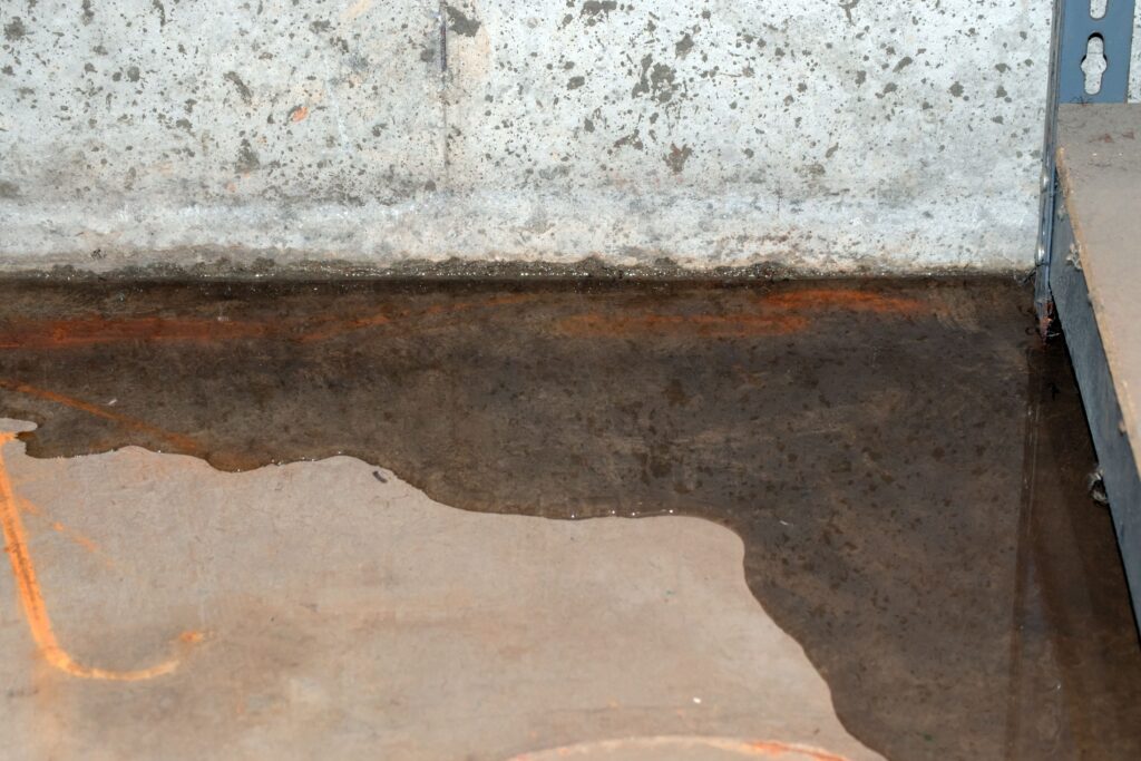 water damaged foundation with puddle